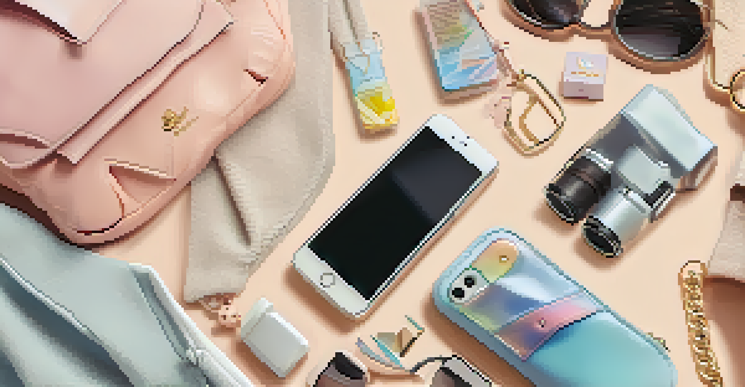 A flat lay of trendy fashion items and a smartphone on a pastel background, showcasing the intersection of fashion and social media.