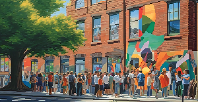 A colorful mural on a brick wall with people taking photos in front of it.