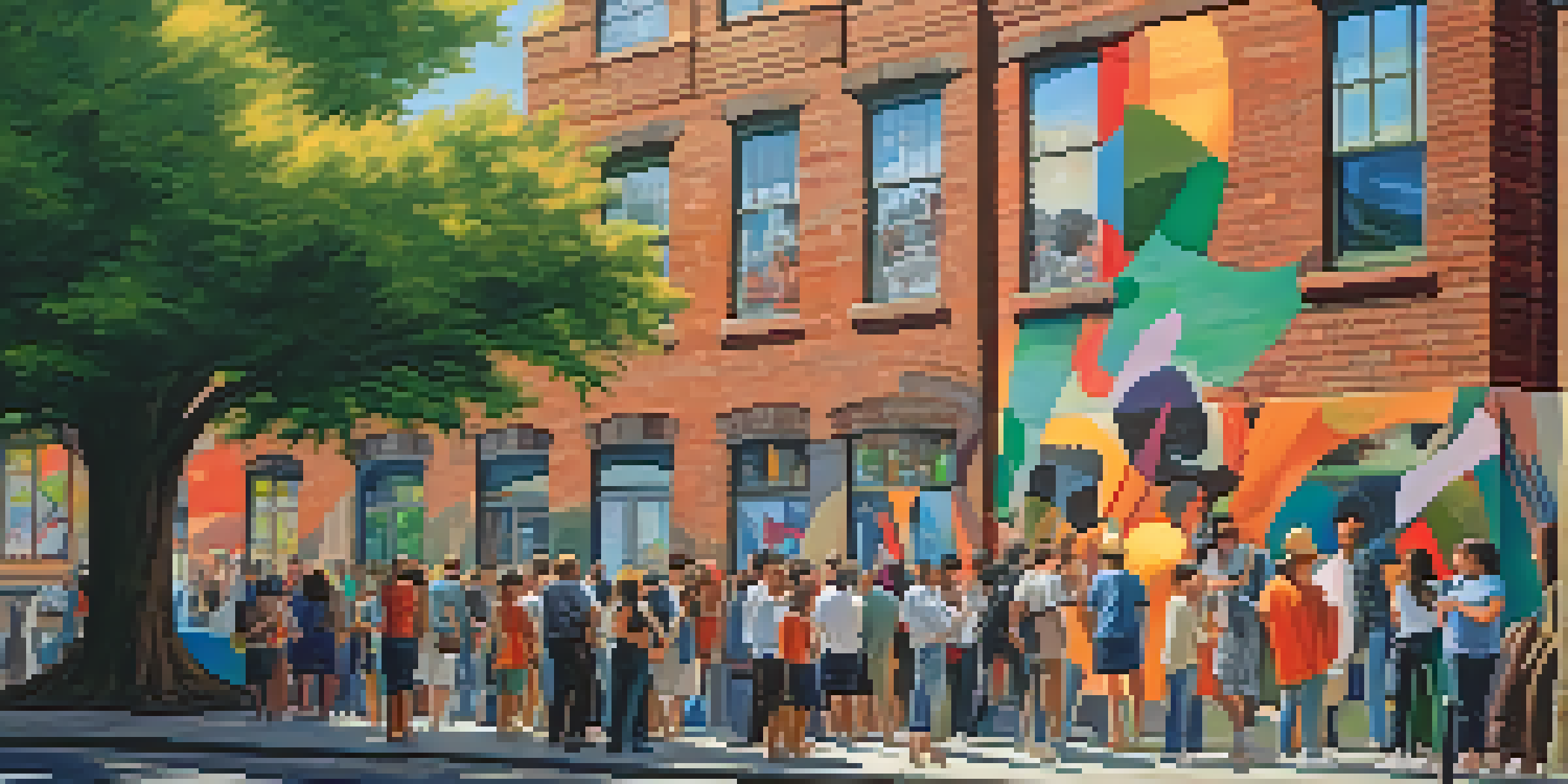 A colorful mural on a brick wall with people taking photos in front of it.
