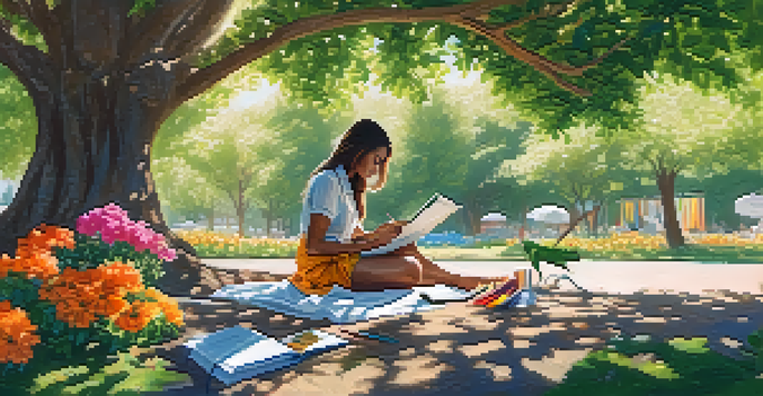 A fashion designer sketching sustainable clothing outdoors, surrounded by nature and sunlight filtering through trees.