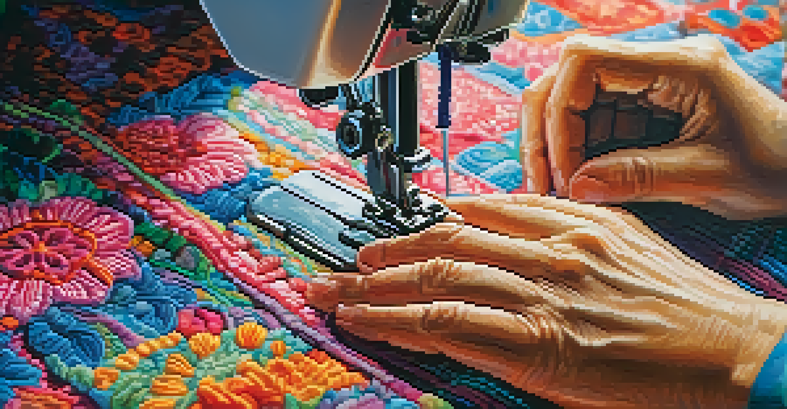 Close-up of hands sewing a garment made from recycled materials, showcasing vibrant textures and craftsmanship.