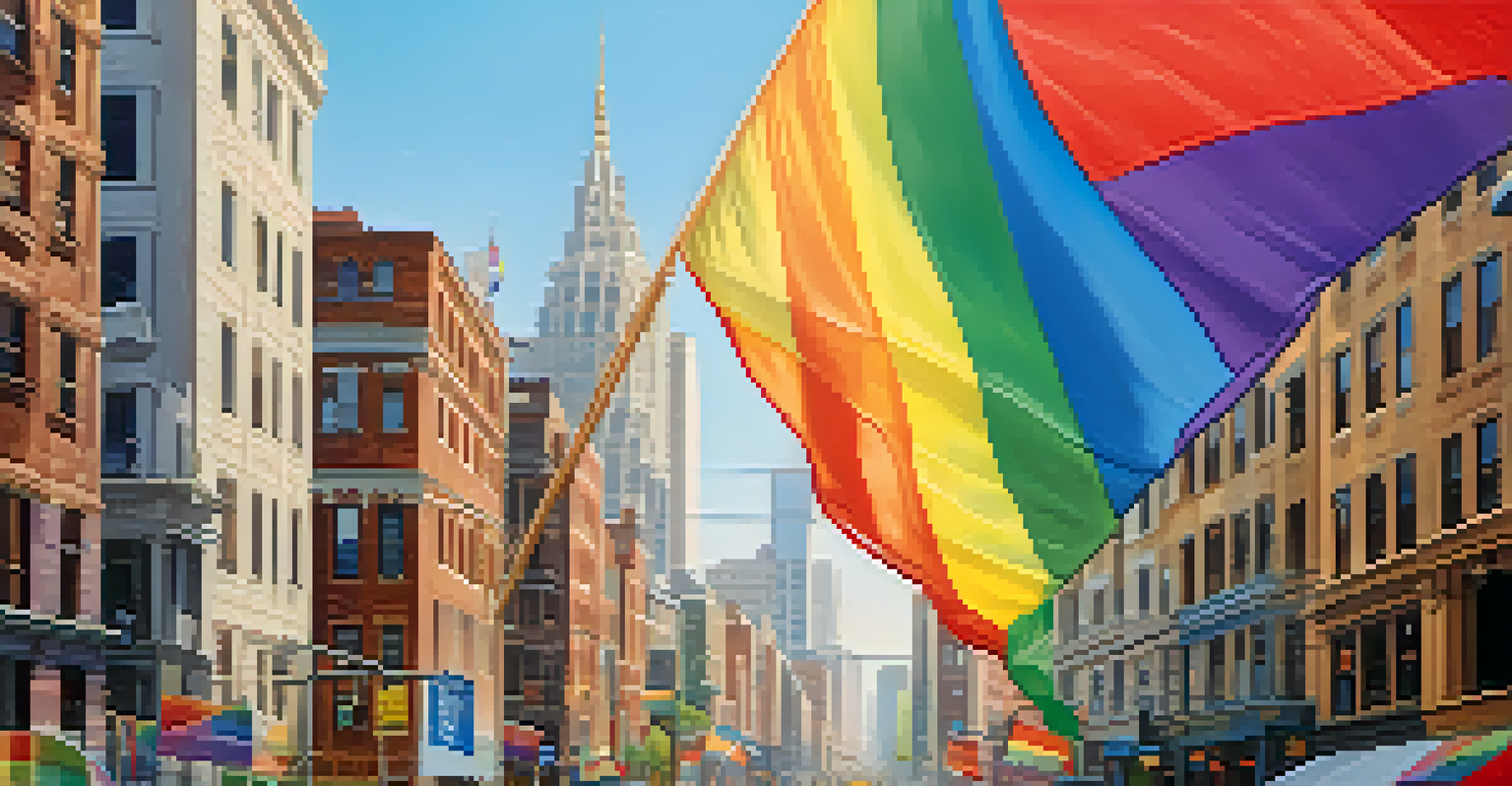 A rainbow flag waving in a city, symbolizing diversity and inclusion, with vibrant colors against a blue sky.