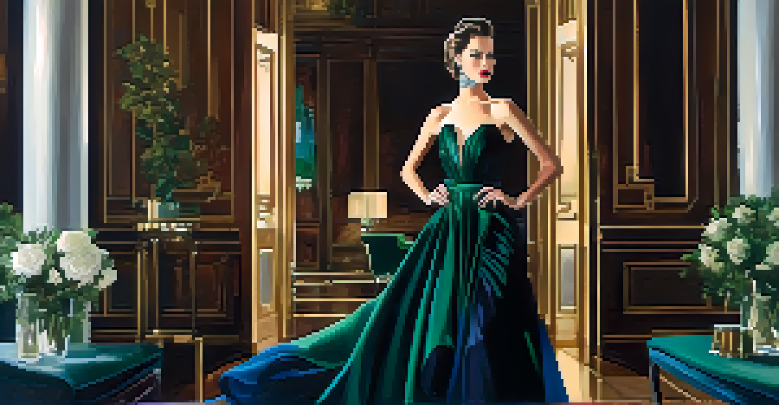 A fashion illustration of a model in an elegant black evening gown, set against a luxurious background with deep jewel tones and soft lighting.