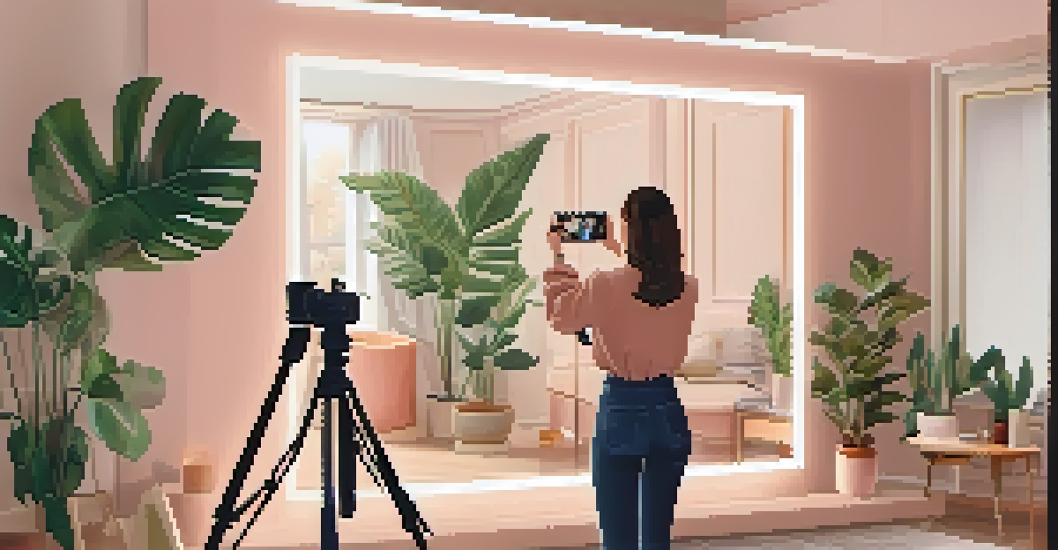 A fashion influencer recording a TikTok video in a cozy room, surrounded by plants and soft lighting.