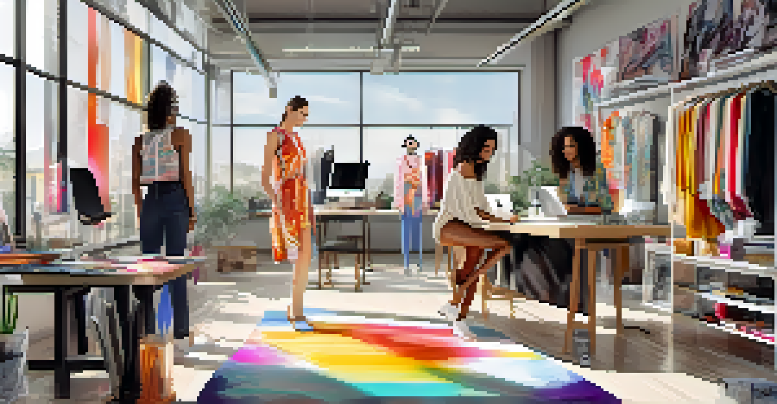 A fashion designer working with diverse models in a bright workspace filled with sketches and fabric, highlighting collaboration in inclusive fashion.
