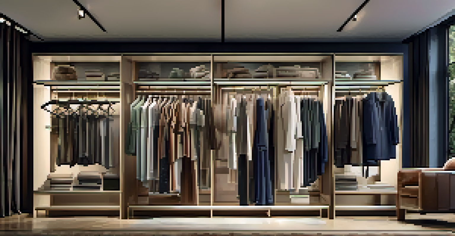 A close-up of a clothing rack displaying gender-neutral fashion items in a boutique with natural lighting.