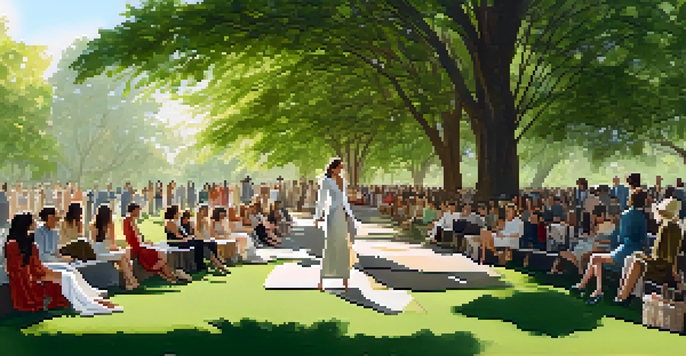 An outdoor fashion show in a green park showcasing models in sustainable clothing with an audience enjoying the event.
