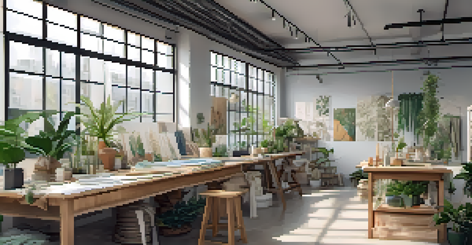 An eco-friendly fashion design studio filled with natural light, showcasing sustainable materials and designers at work.