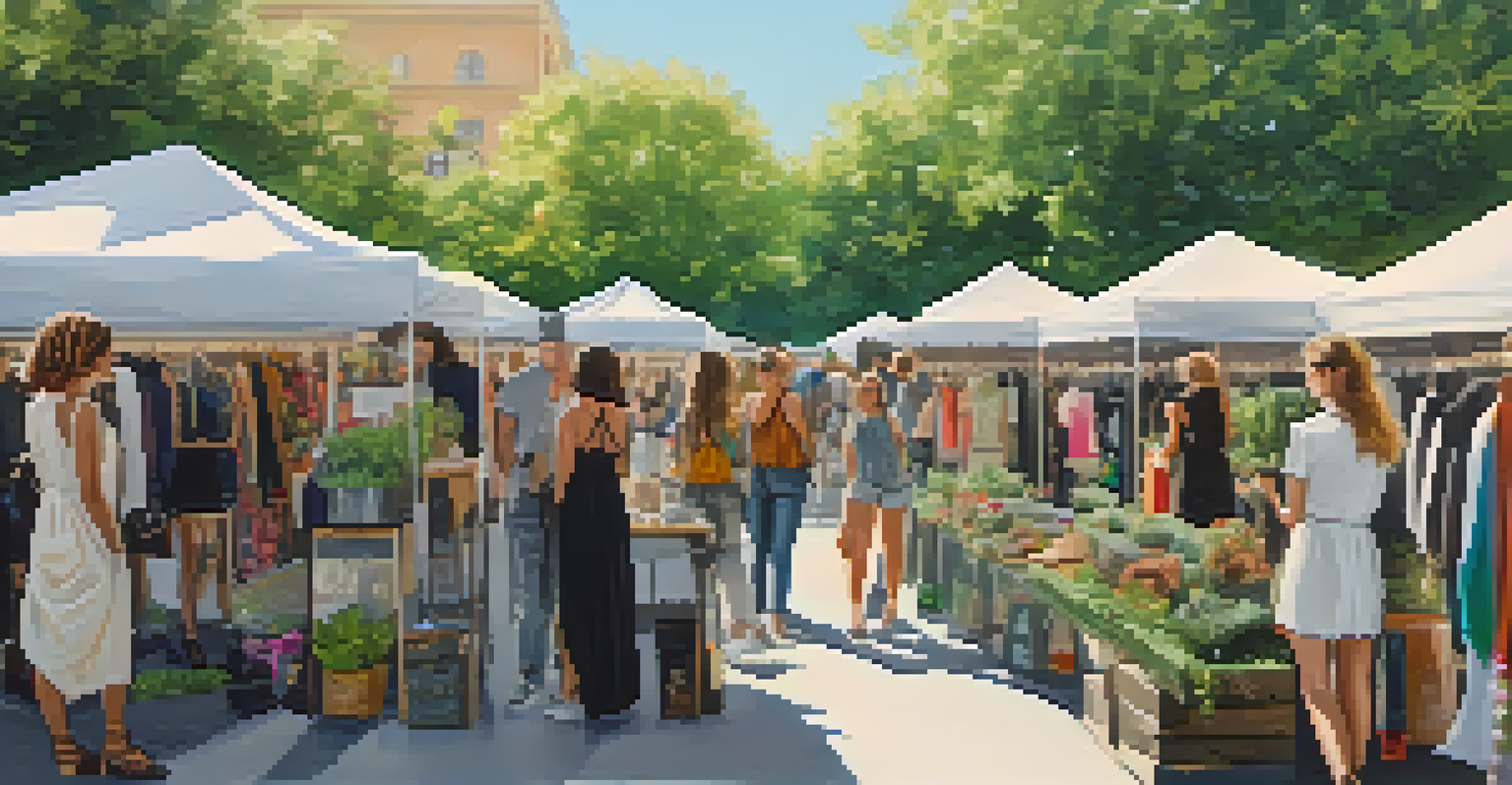 A lively outdoor market featuring vendors presenting unique upcycled clothing and visitors engaging with the fashion.