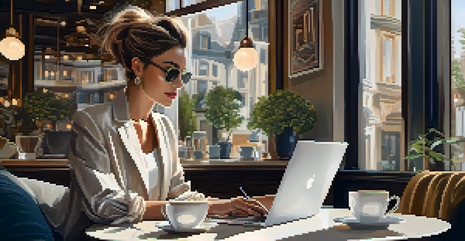 A fashion blogger at a cafe, dressed elegantly and working on her laptop with a latte in front of her.
