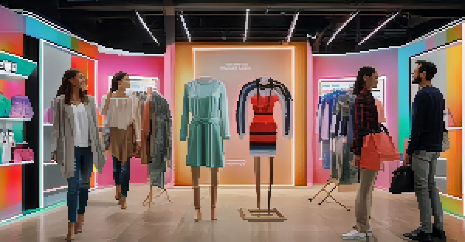 A group of diverse consumers using augmented reality to try on clothes in a modern retail setting.