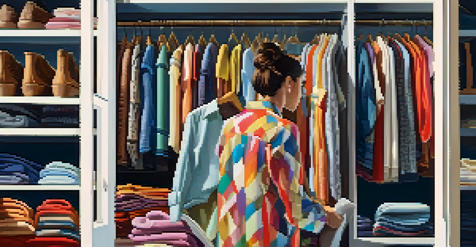 A close-up of a person selecting a colorful outfit from a closet, with soft morning light illuminating the fabrics.