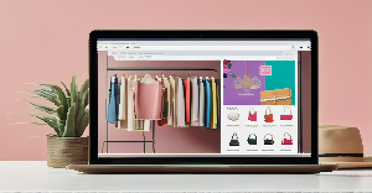 A digital shopping interface on a laptop screen showcasing personalized fashion recommendations and a chatbot for customer support, set against a minimalistic background.
