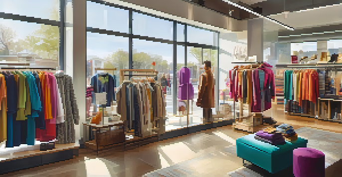 An inviting fashion retail store interior with colorful clothing displays and natural light streaming through windows, creating a warm atmosphere.