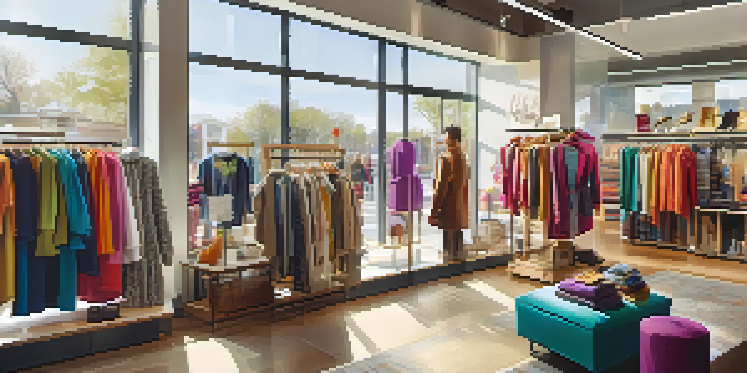 An inviting fashion retail store interior with colorful clothing displays and natural light streaming through windows, creating a warm atmosphere.