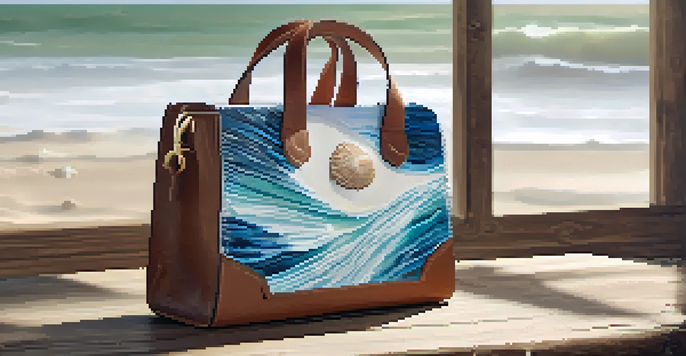 An eco-friendly handbag crafted from recycled ocean plastics, displayed on a wooden table with seashells around it.