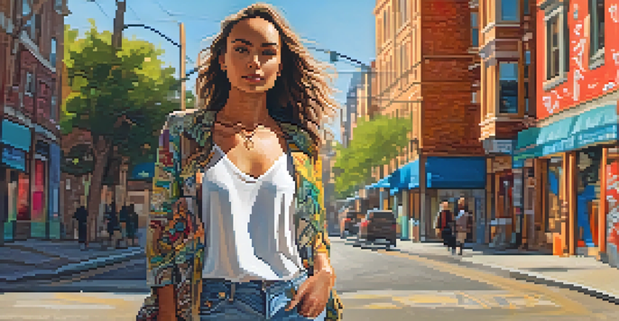 A young woman in a sustainable outfit stands in a sunlit street with graffiti art behind her, holding a reusable tote bag.