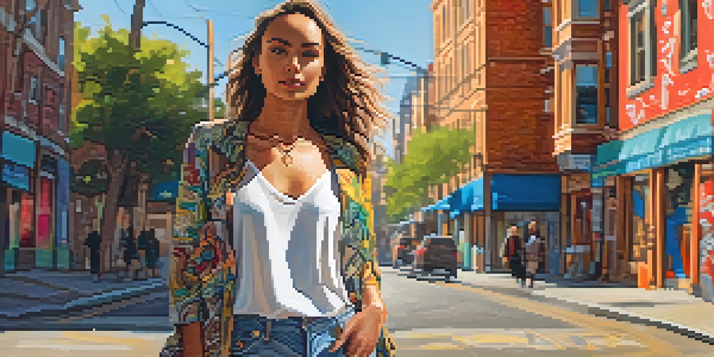 A young woman in a sustainable outfit stands in a sunlit street with graffiti art behind her, holding a reusable tote bag.