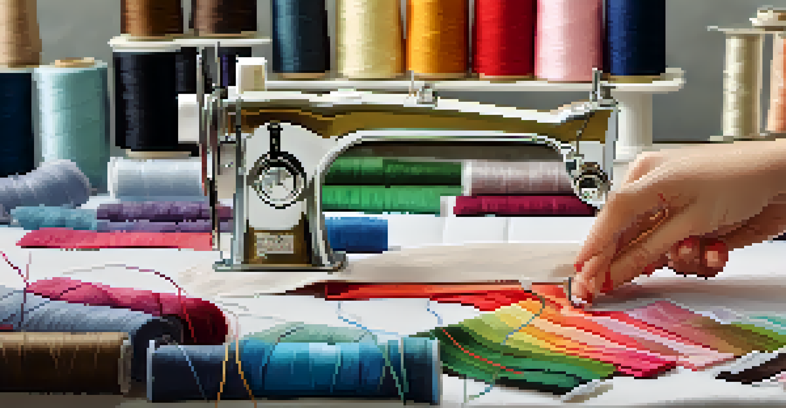 Close-up of hands sewing on a machine, showing a colorful fabric piece and threads.