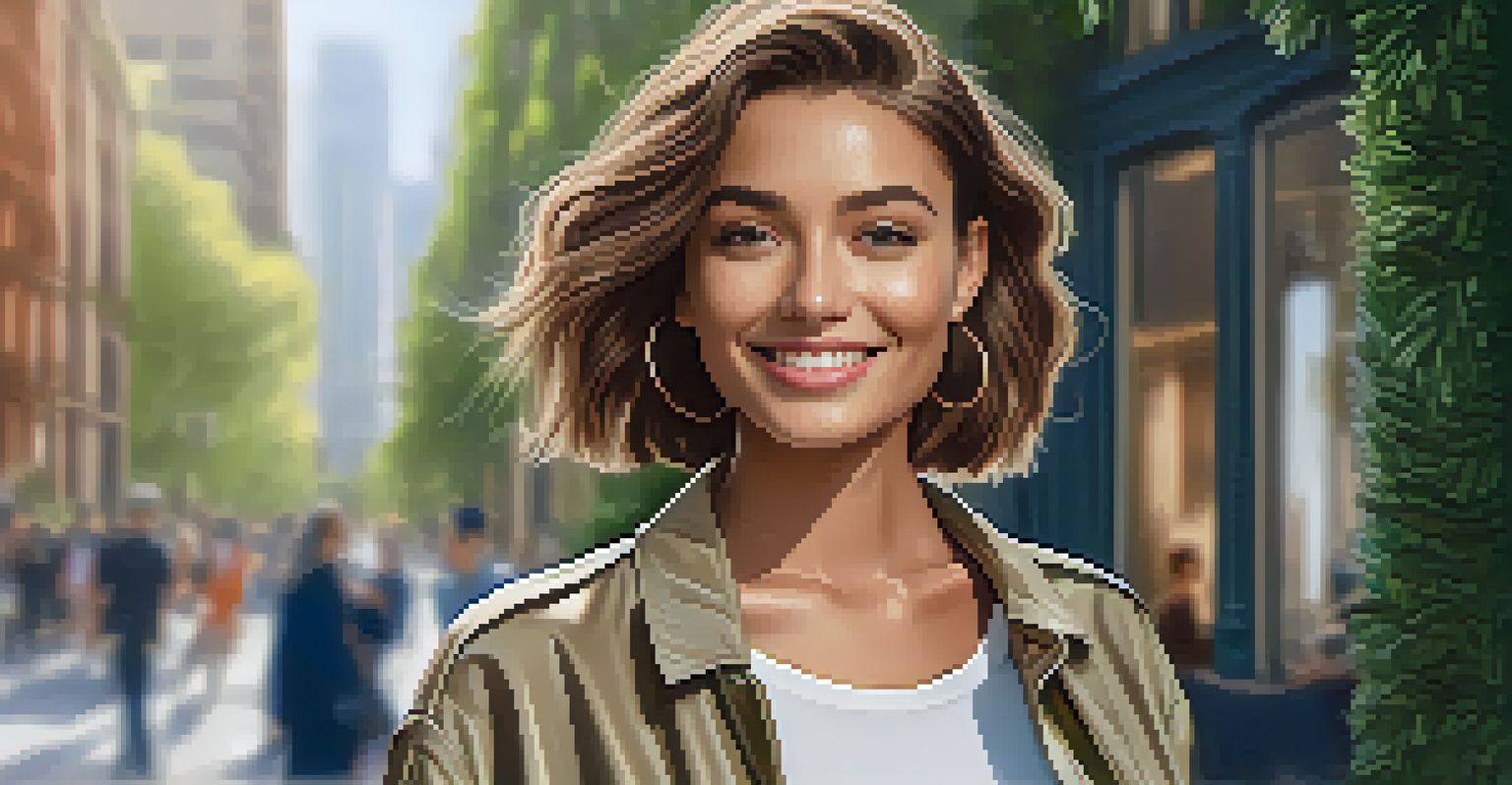 A close-up of a stylish influencer wearing sustainable fashion in an urban setting with greenery.