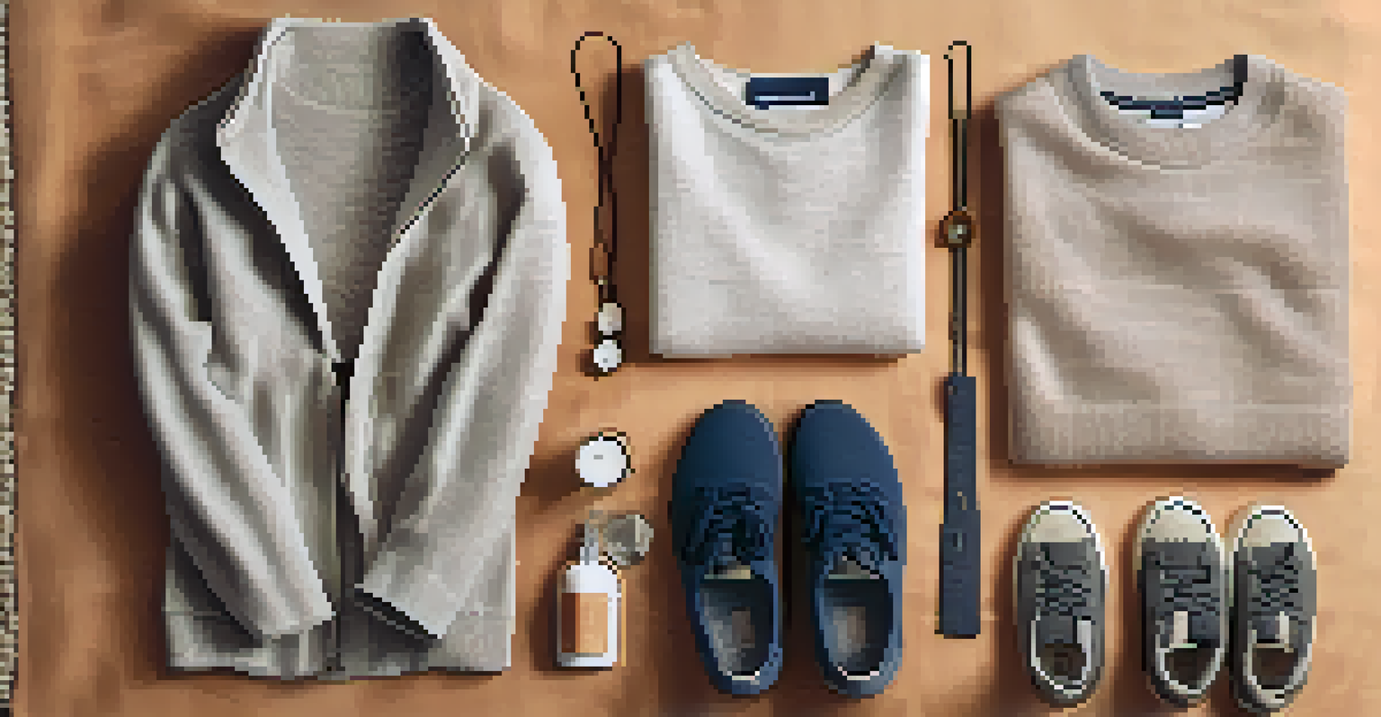A flat lay of casual clothing items including a t-shirt, joggers, and a sweater on a fabric background.