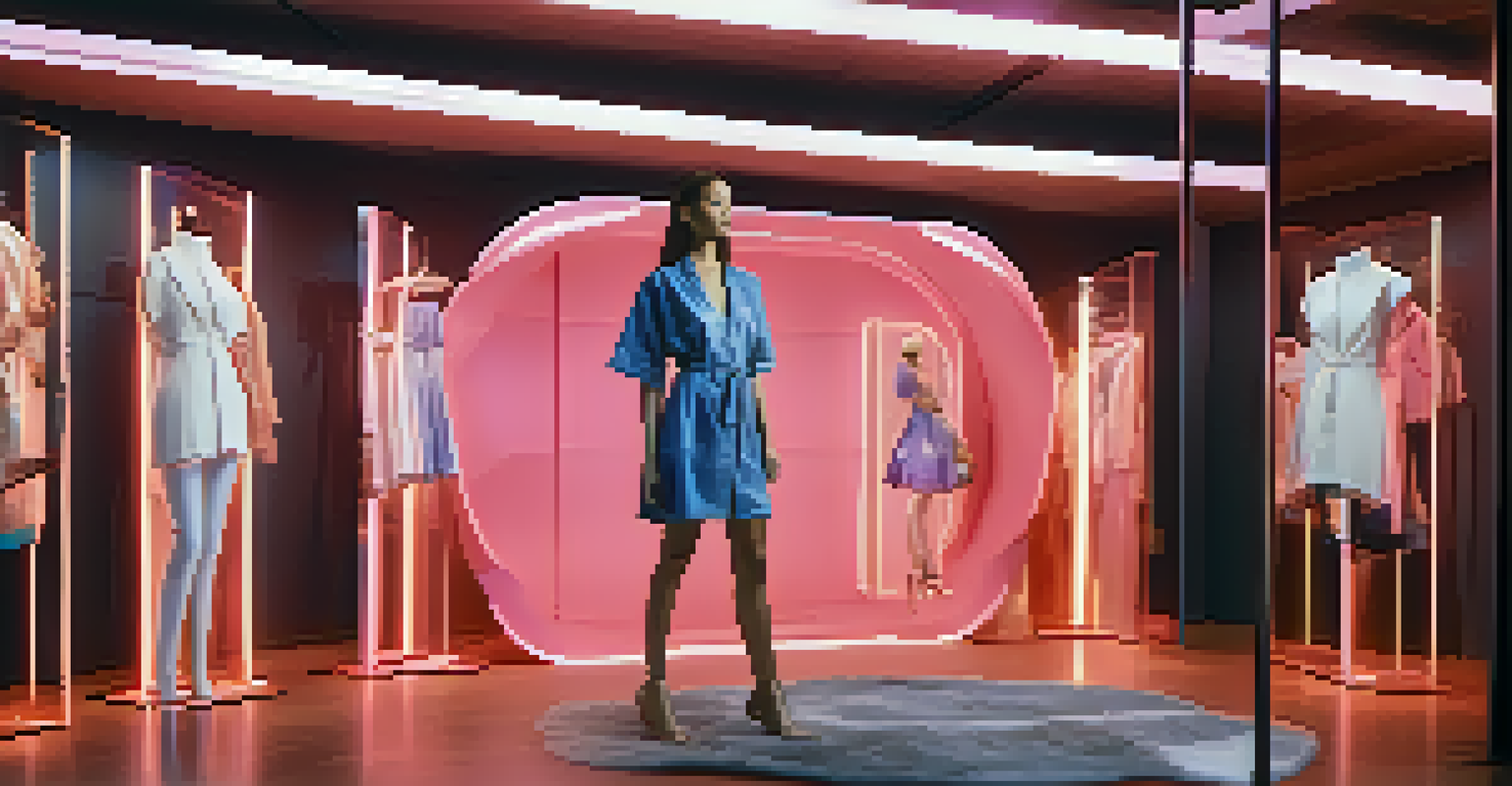 A model engaging with virtual reality in a tech-inspired setting, trying on clothes with augmented reality displays around her.