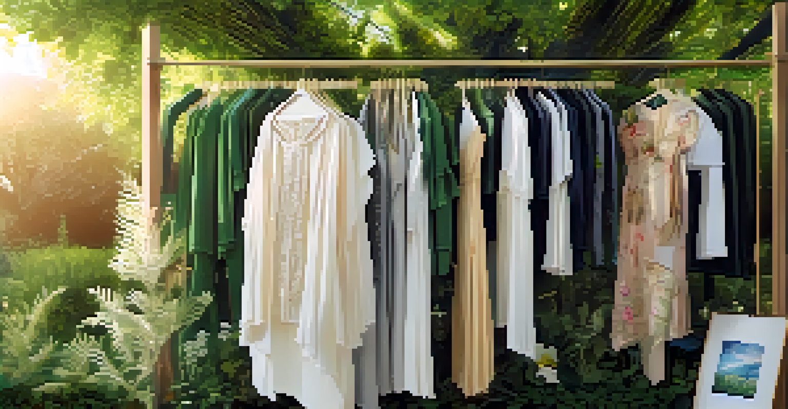 A display of eco-friendly clothing in a garden, with tags emphasizing sustainability and natural light filtering through the leaves.