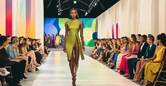 A fashion runway with diverse models wearing sustainable clothing, surrounded by an engaged audience.