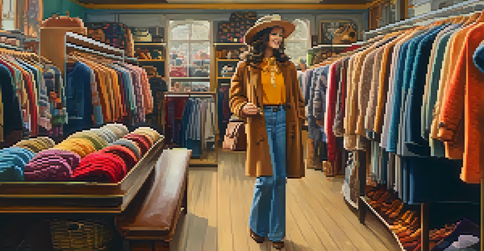 A woman browsing in a vintage clothing store, surrounded by colorful garments and retro accessories.