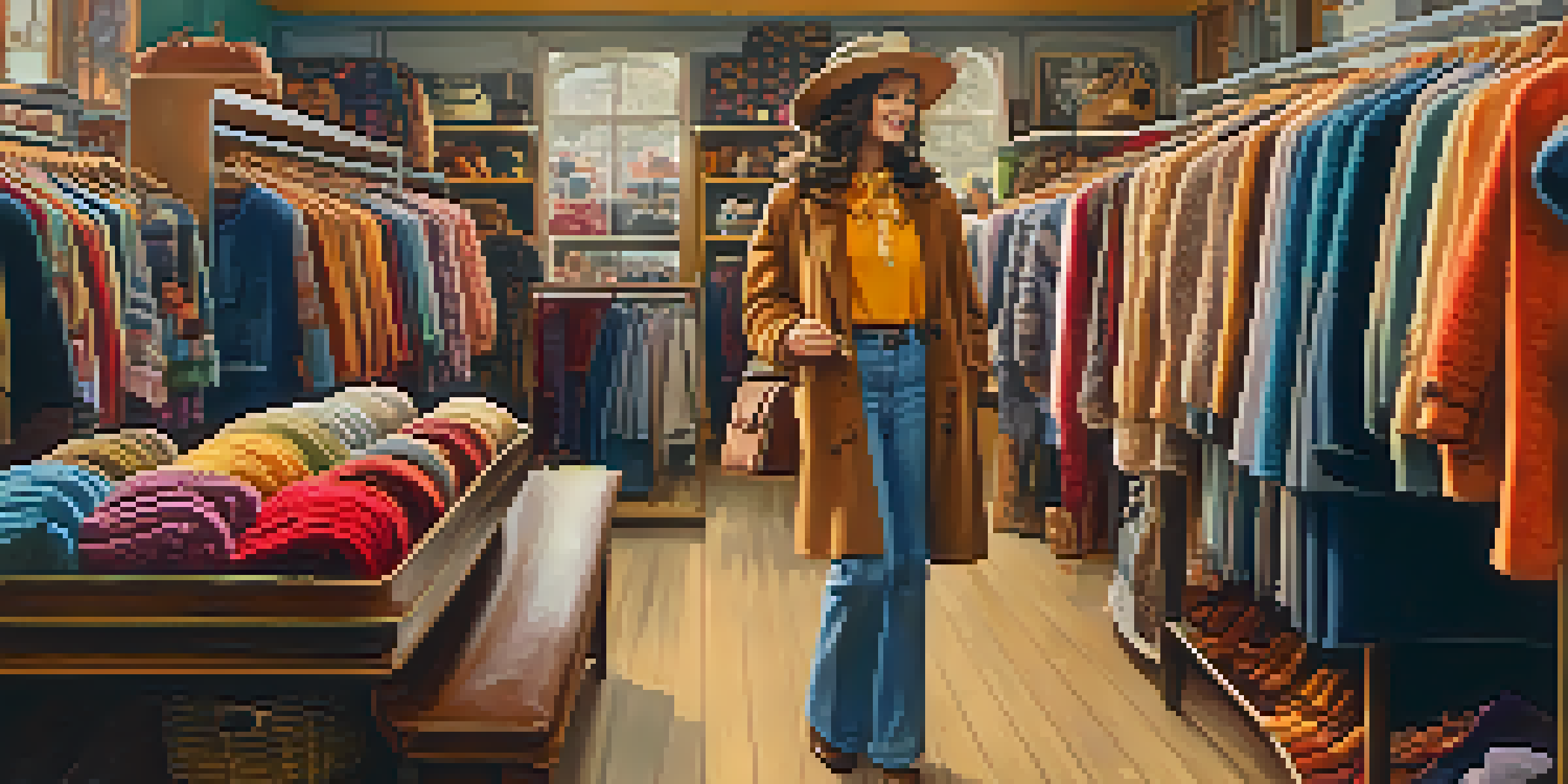 A woman browsing in a vintage clothing store, surrounded by colorful garments and retro accessories.