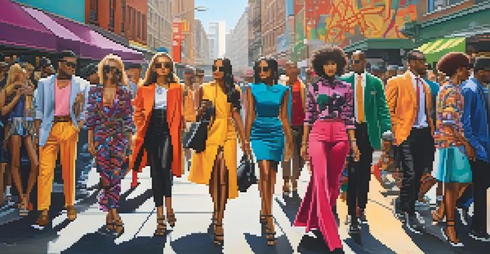 A diverse group of people in colorful outfits in an urban setting, surrounded by graffiti and city architecture under soft sunlight.
