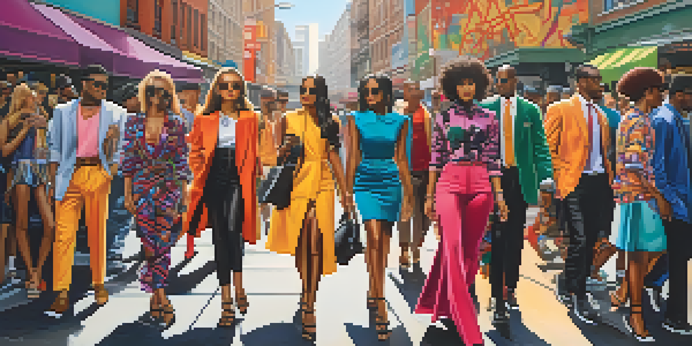 A diverse group of people in colorful outfits in an urban setting, surrounded by graffiti and city architecture under soft sunlight.