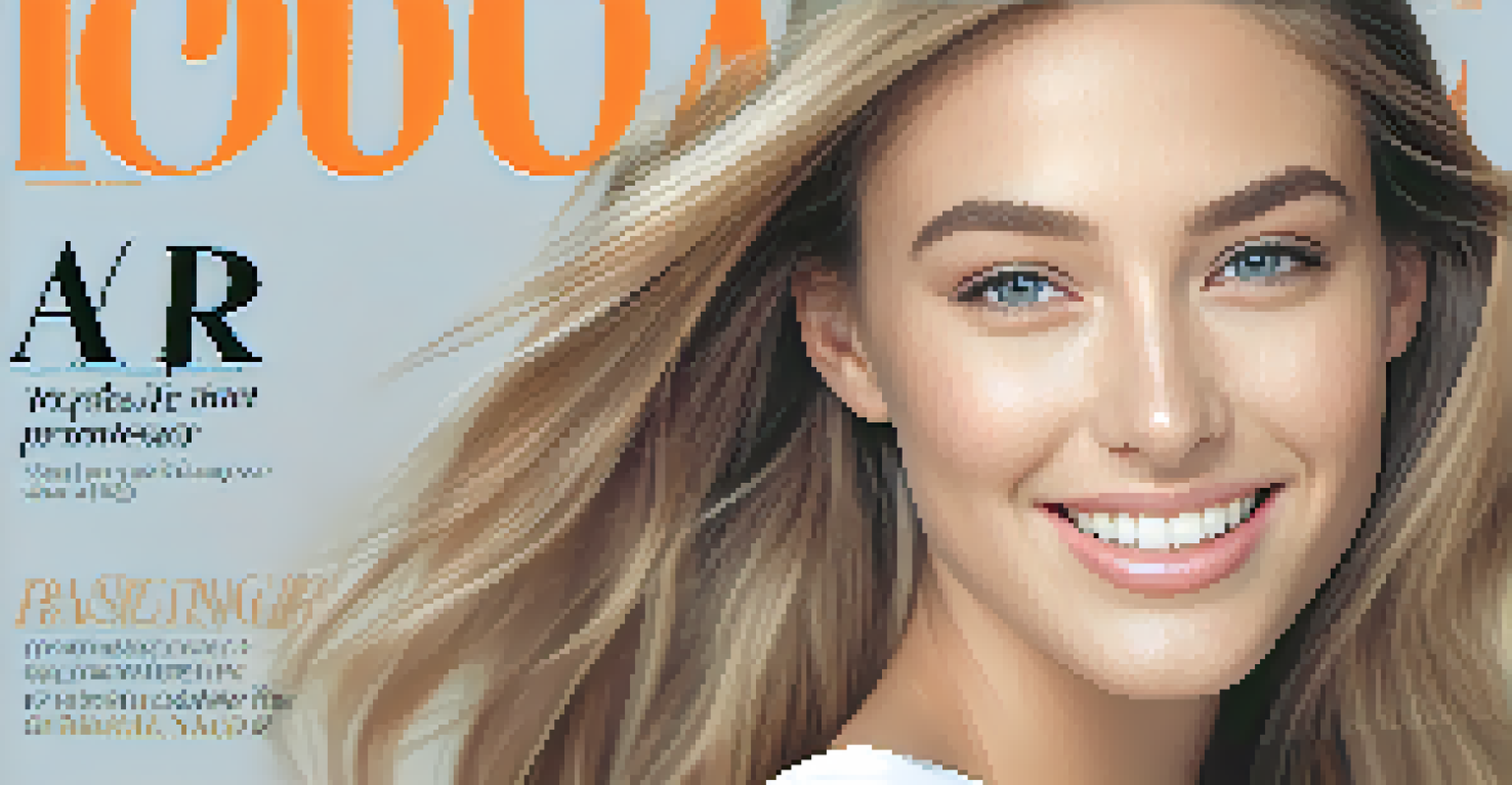 A close-up of a fashion magazine cover featuring an unretouched image of a smiling model with natural beauty against a pastel background.