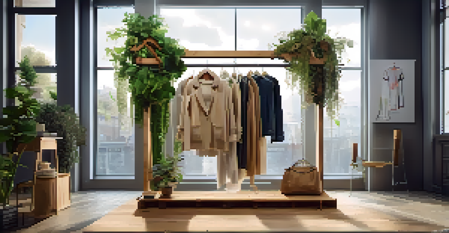 A stylish clothing rack made from reclaimed wood, displaying garments made from recycled materials in a bright, eco-friendly space.