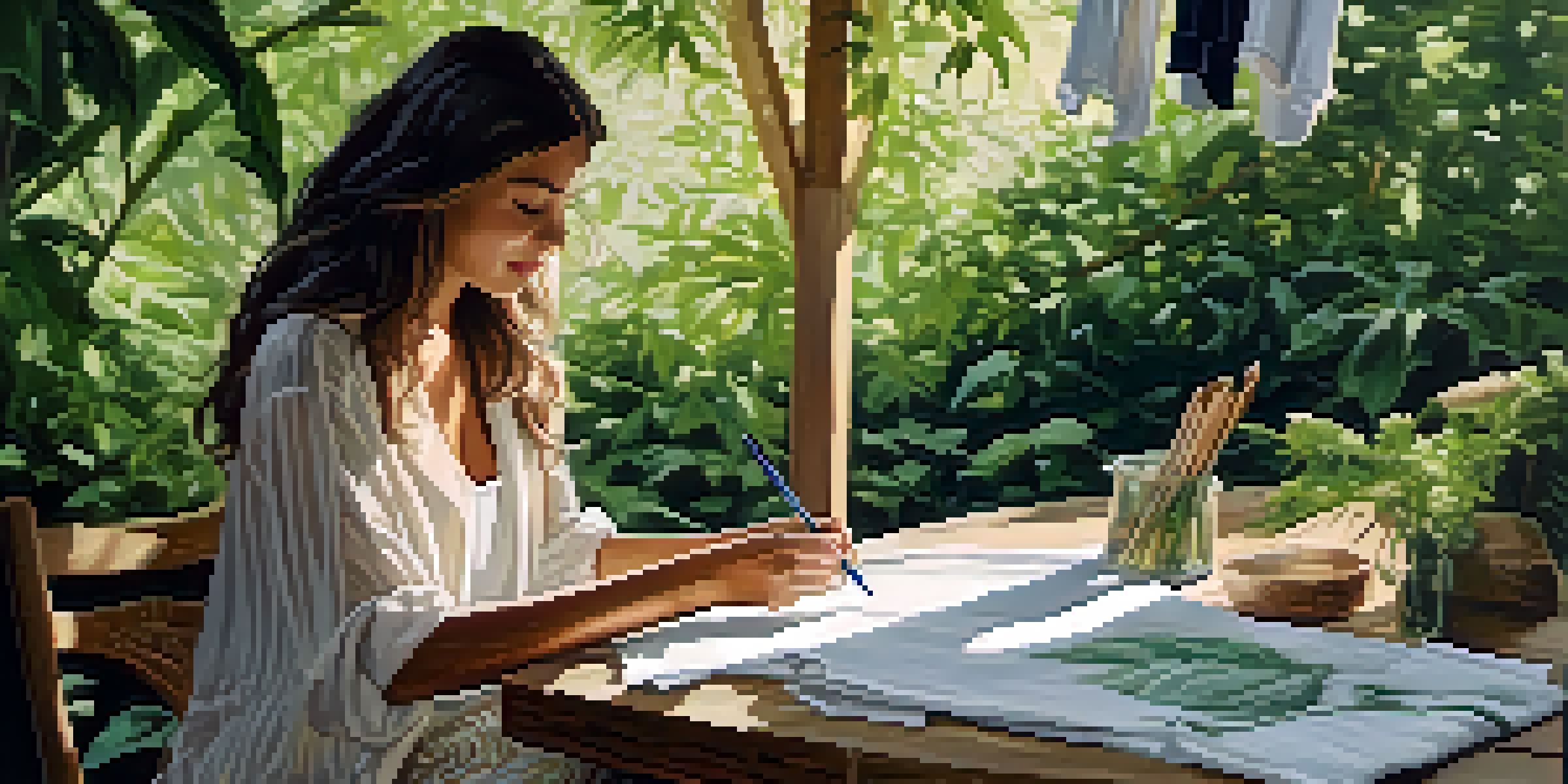 A fashion designer sketches sustainable clothing outdoors, surrounded by greenery and fabric samples.