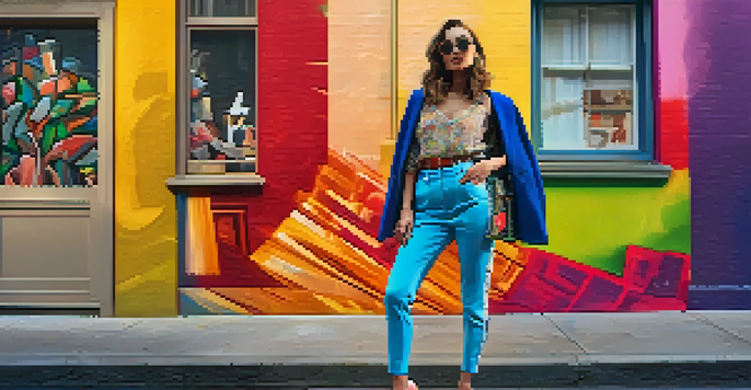 A fashion influencer in a stylish outfit poses in front of colorful street art, illuminated by soft natural light.