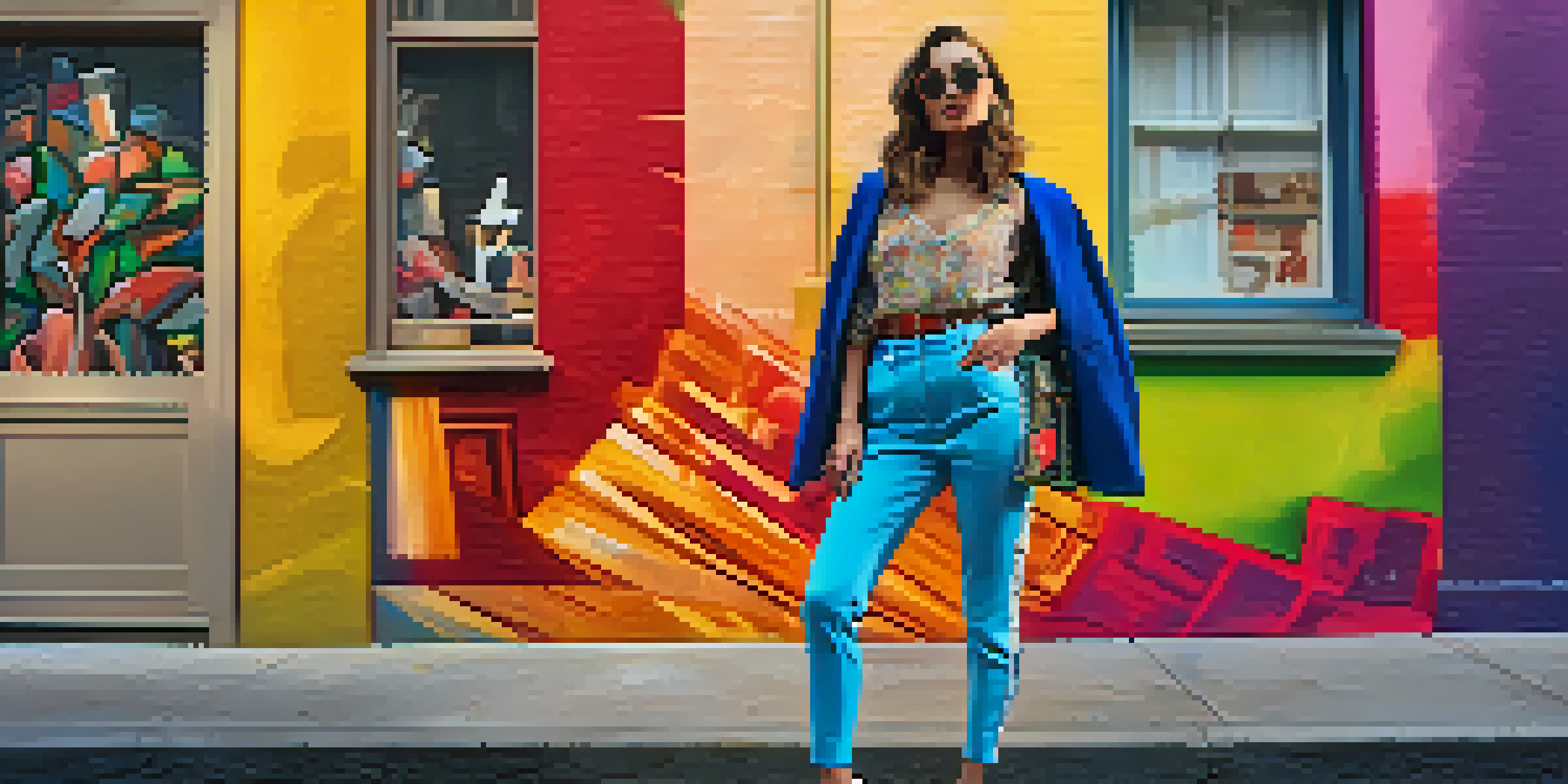 A fashion influencer in a stylish outfit poses in front of colorful street art, illuminated by soft natural light.