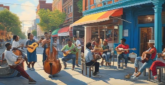 A colorful street scene with diverse individuals participating in creative activities, surrounded by murals and warm lighting.