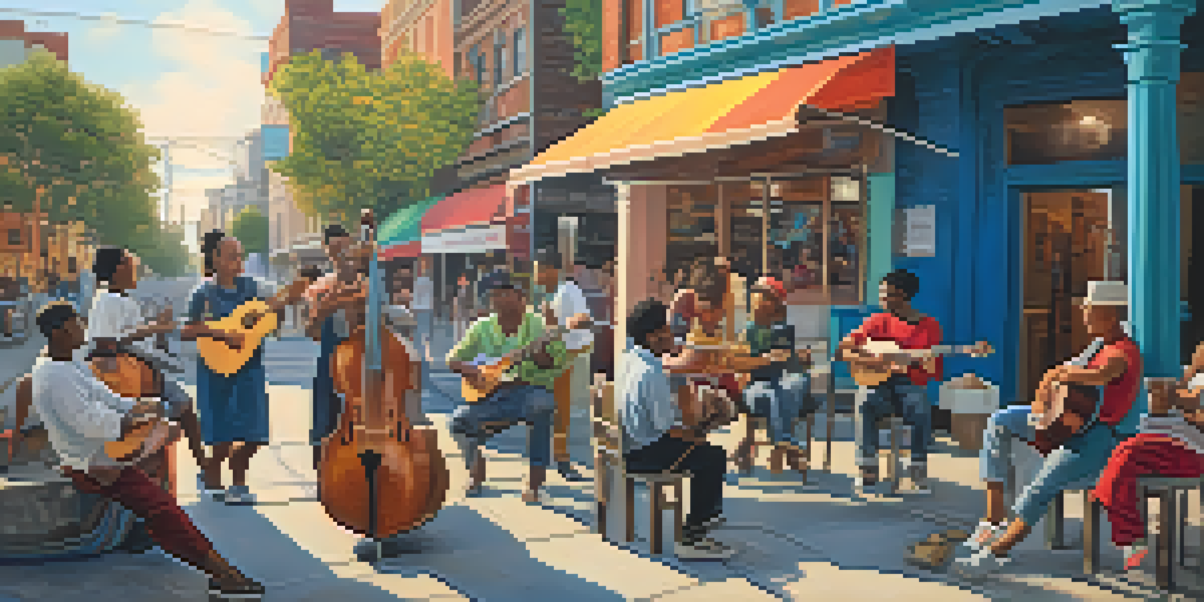 A colorful street scene with diverse individuals participating in creative activities, surrounded by murals and warm lighting.