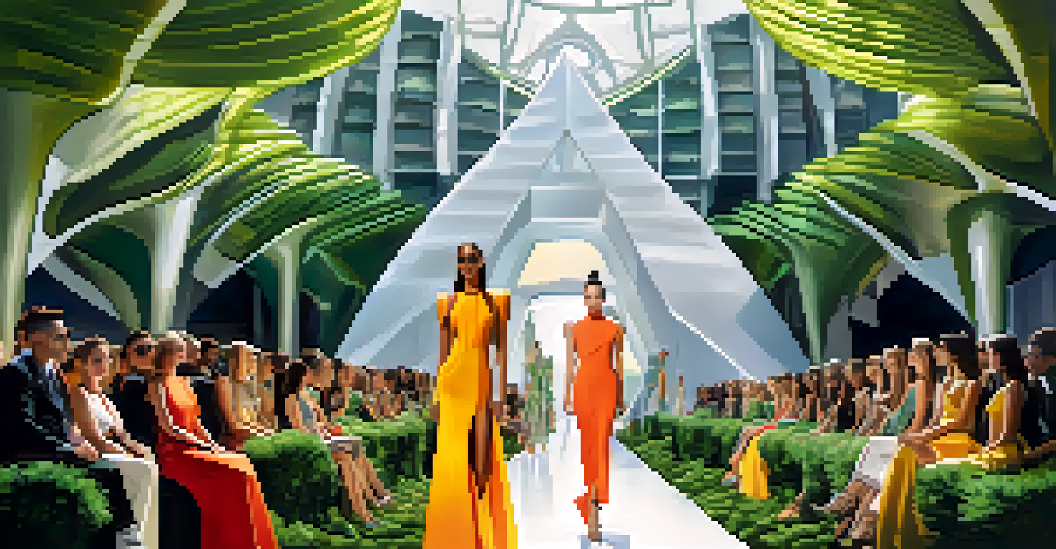 A fashion show with models in avant-garde clothing against futuristic architecture, surrounded by greenery and colorful stage lighting.