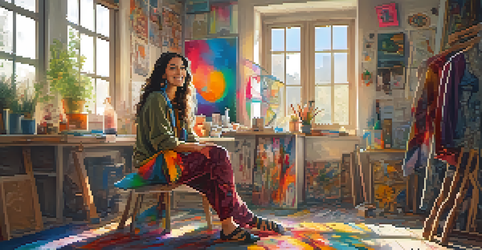 A bohemian artist character in vibrant clothing sitting in a cozy studio filled with art supplies and colorful shadows.