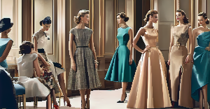 A vintage fashion magazine layout displaying elegant 1950s dresses and sophisticated models in warm colors and soft lighting.