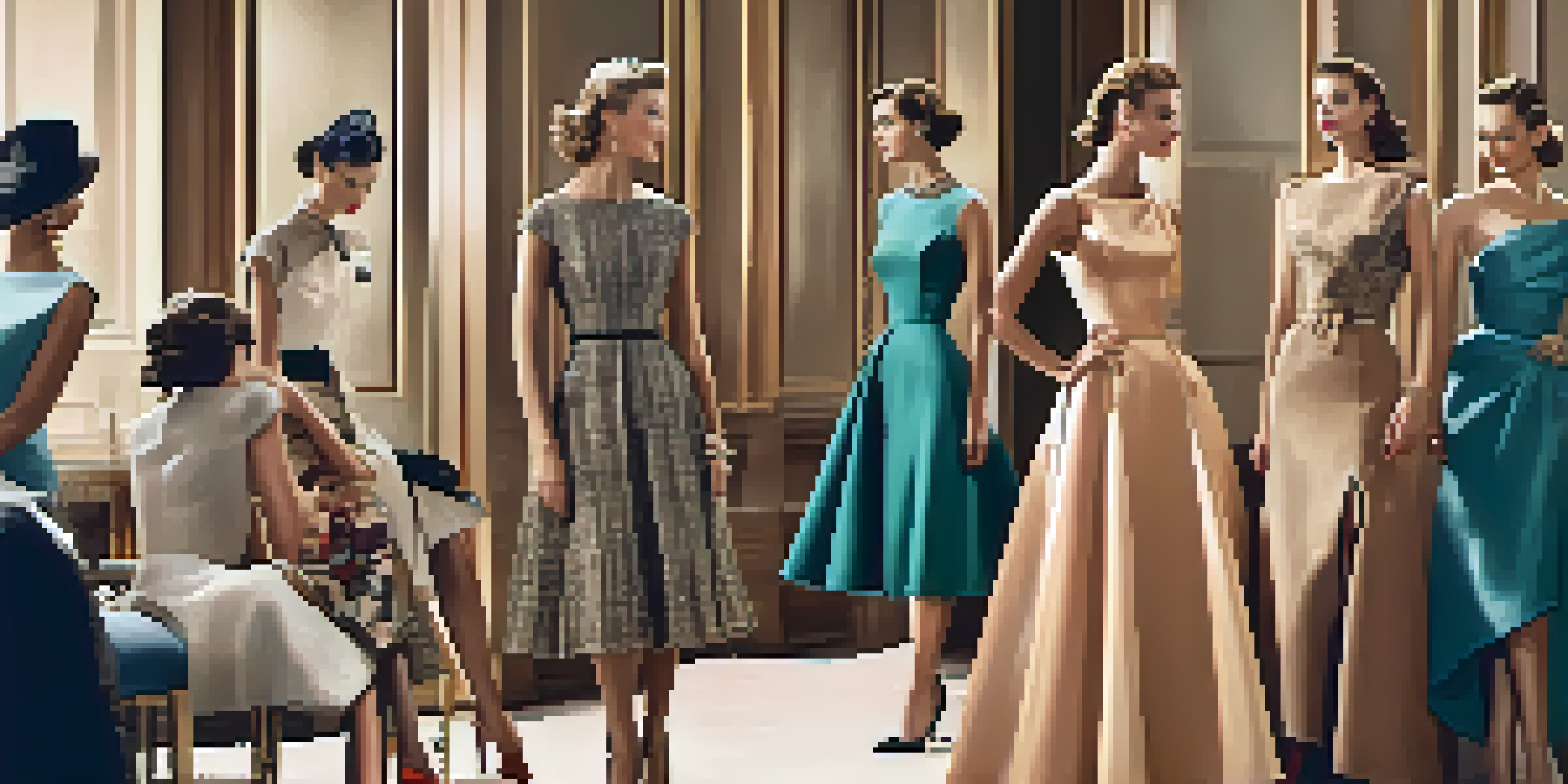 A vintage fashion magazine layout displaying elegant 1950s dresses and sophisticated models in warm colors and soft lighting.