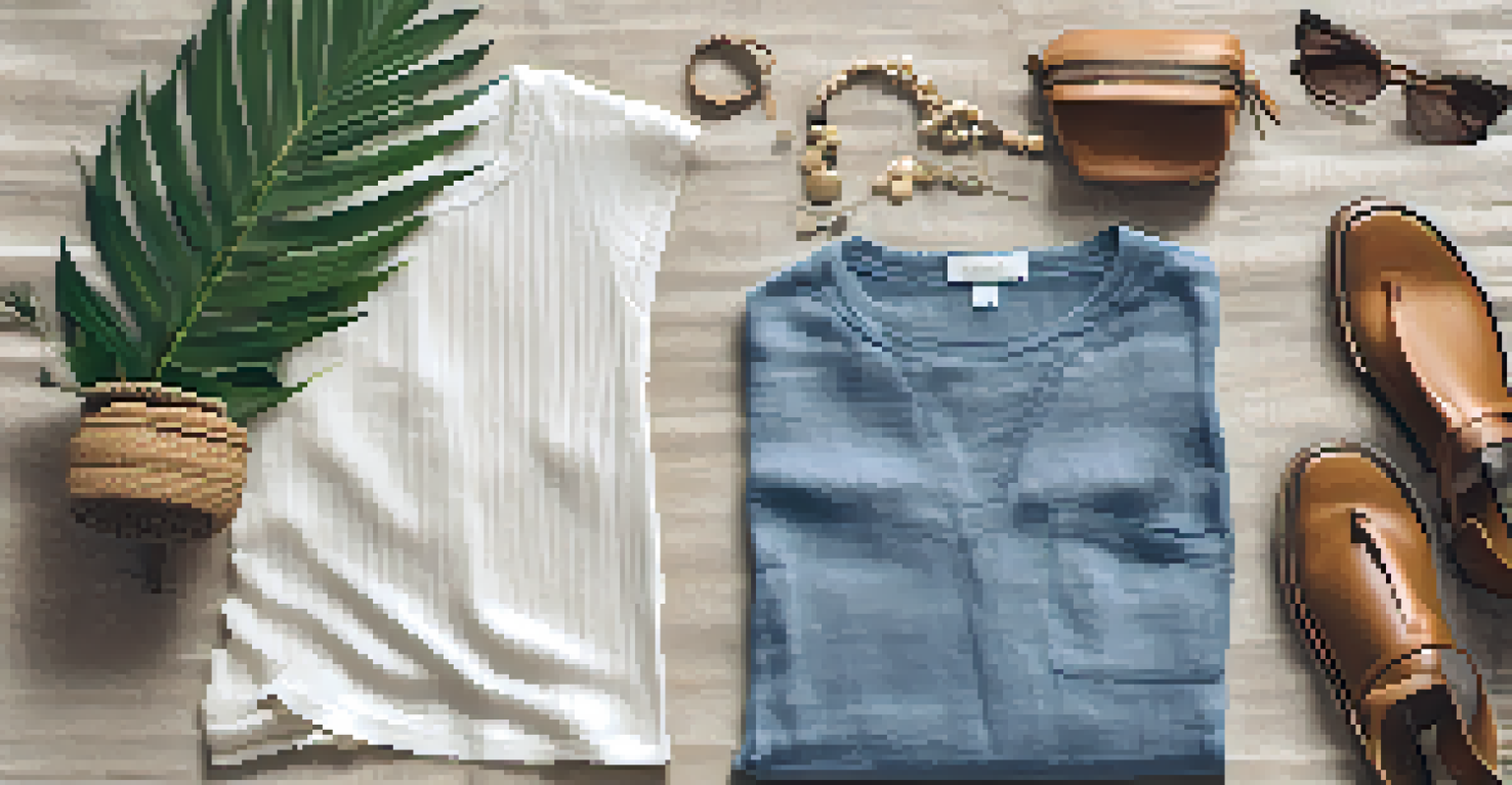 A flat lay of sustainable fashion items, including eco-friendly clothing and accessories, arranged on a textured linen background.