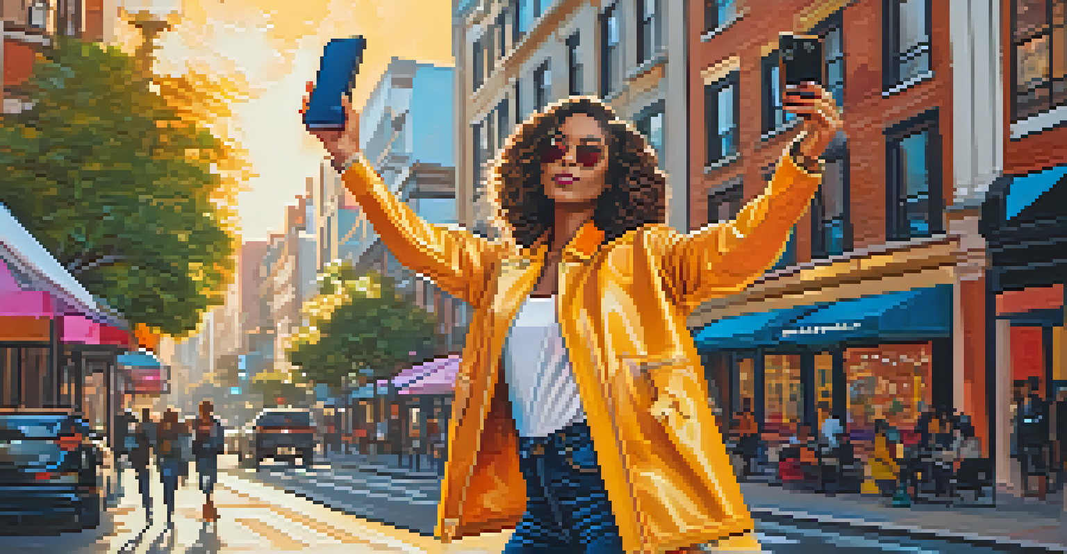 An influencer in a fashionable outfit taking a selfie against a backdrop of street art in an urban environment.