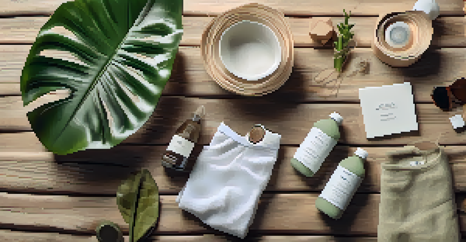 A flat lay image of eco-friendly fashion items on a wooden surface, with plants and natural light.