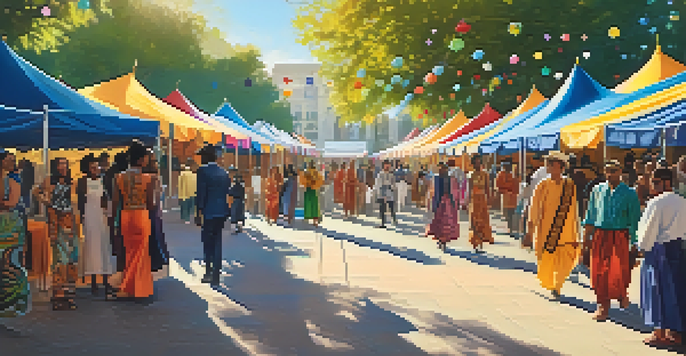 A multicultural festival with people wearing a mix of traditional and modern fashion, surrounded by colorful tents and decorations, under bright sunlight.