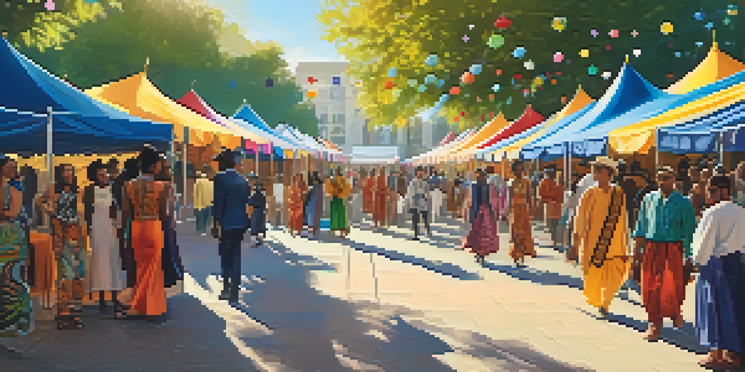 A multicultural festival with people wearing a mix of traditional and modern fashion, surrounded by colorful tents and decorations, under bright sunlight.