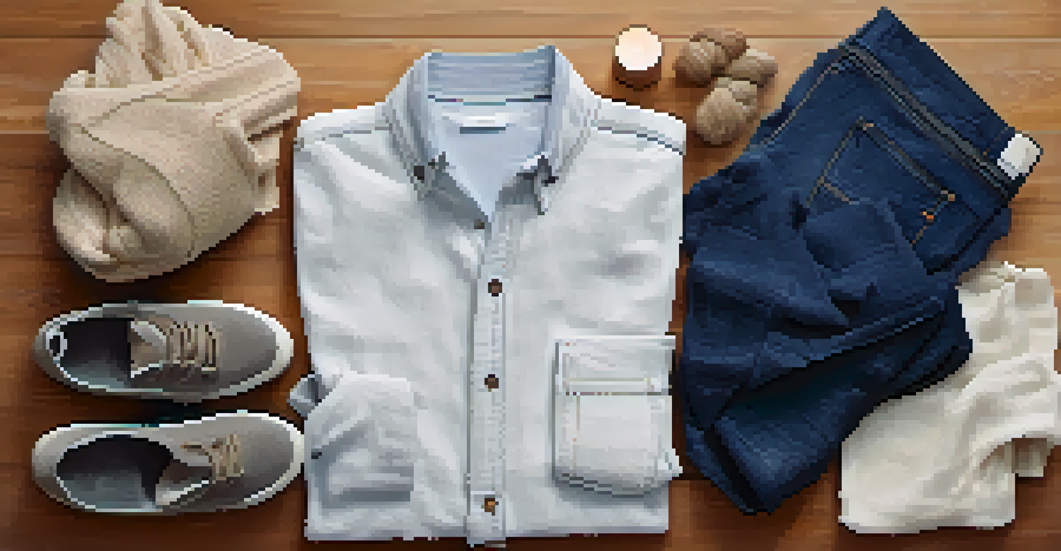 A flat lay of a minimalist wardrobe with sustainable clothing items on a soft fabric background, highlighted by natural lighting.
