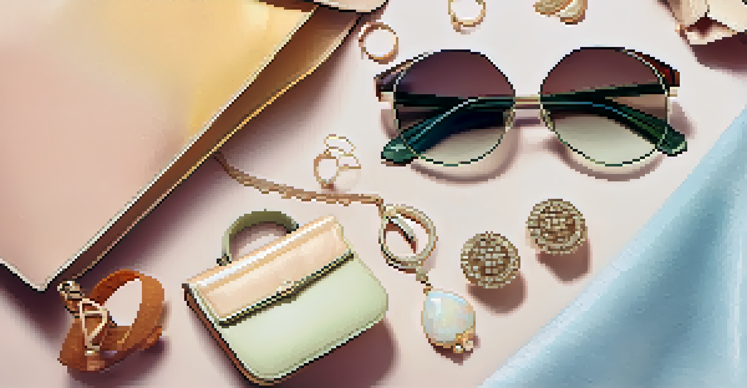A flat lay of fashion accessories including a handbag, sunglasses, and jewelry on a pastel background.